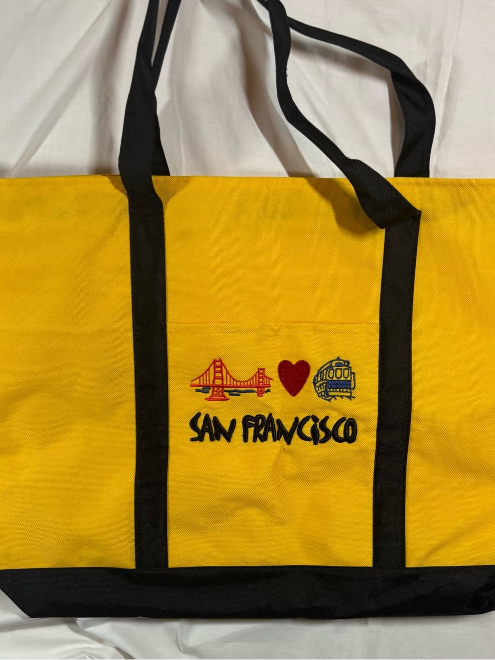 San Francisco Large Tote Bag Golden Gate Bridge Cable Car Embroidered Yellow